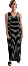Sleeveless Jersey Dress Black with White Stripes V-neck - Selleria Veneta