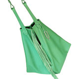 Green Sophi Sac, soft leather with fringes and side zip closure.