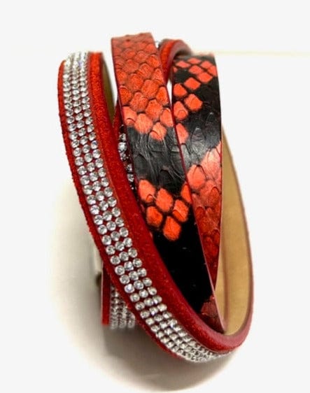 ITALIAN RED LEATHER WRAP BRACELET SWAROVSKI CRYSTALS BY DESIGNER ROBERTO  MANTELLASSI