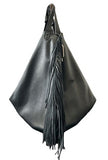 Black Sophi Sac, soft leather with fringes and side zip closure.