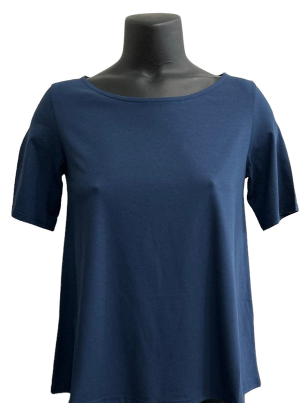 Flare Cut Shirt Round Neck short Sleeves Navy