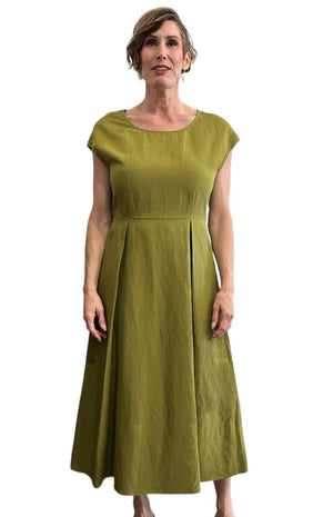 Avocado dress, pleated front, sleeveless, round neck.