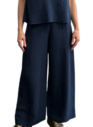 Navy wide linen pants, side zipper.