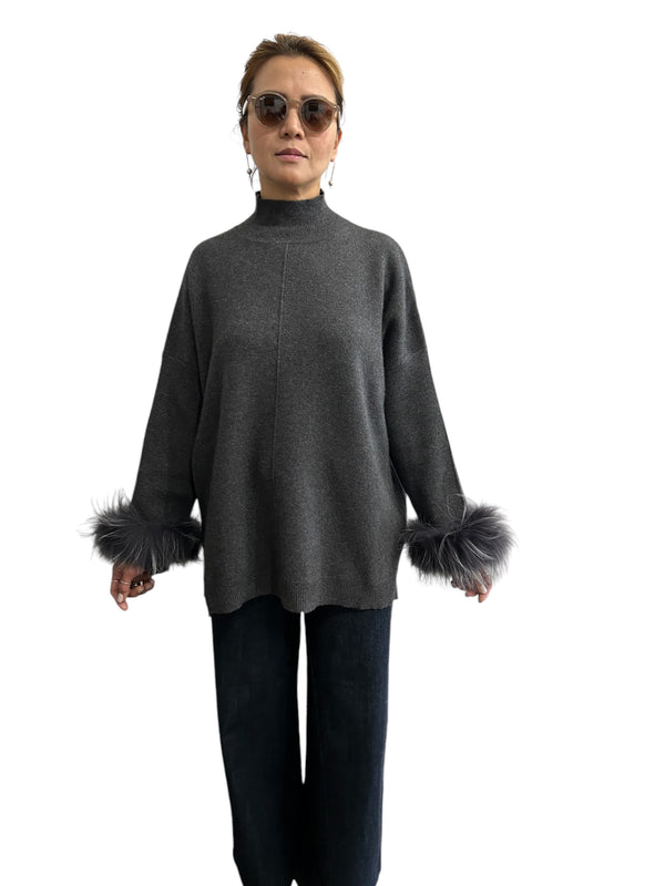 Sweater Long Neck Fur Finish Anthracite