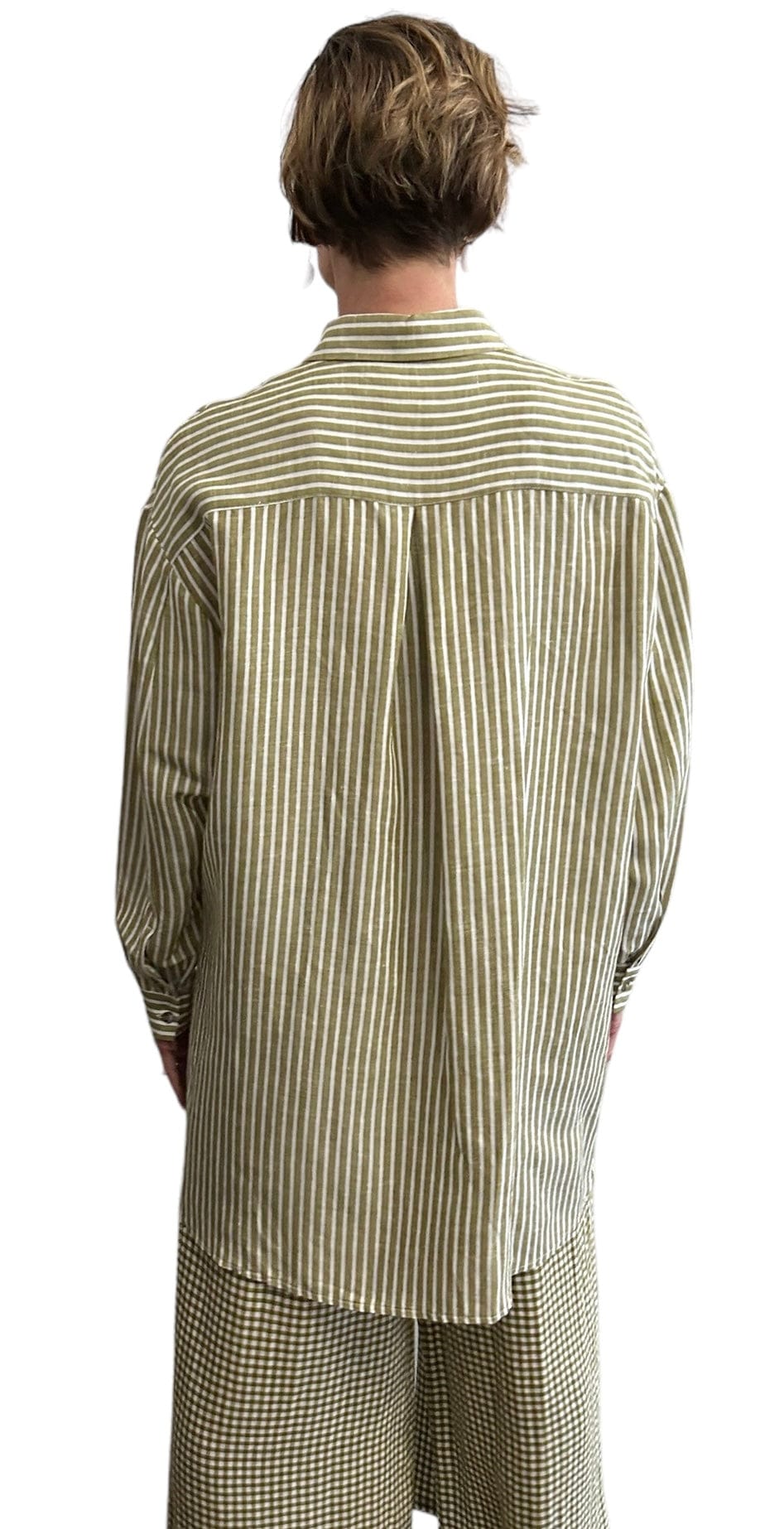 Long Shirt/Dress Button down Stripes Avocado & Cream, pleated back