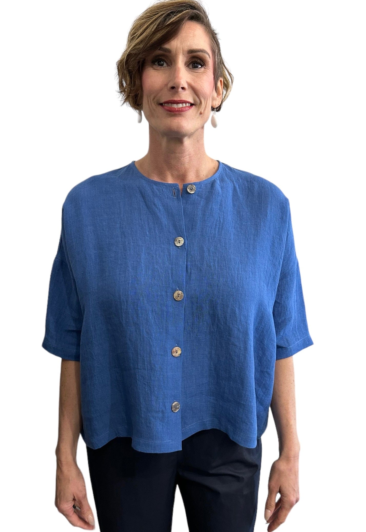 Button up Blouse Linen Ocean Blue Wide cut, 