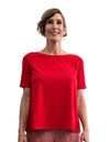 Flare Cut Shirt Round Neck short Sleeves Red Cotton