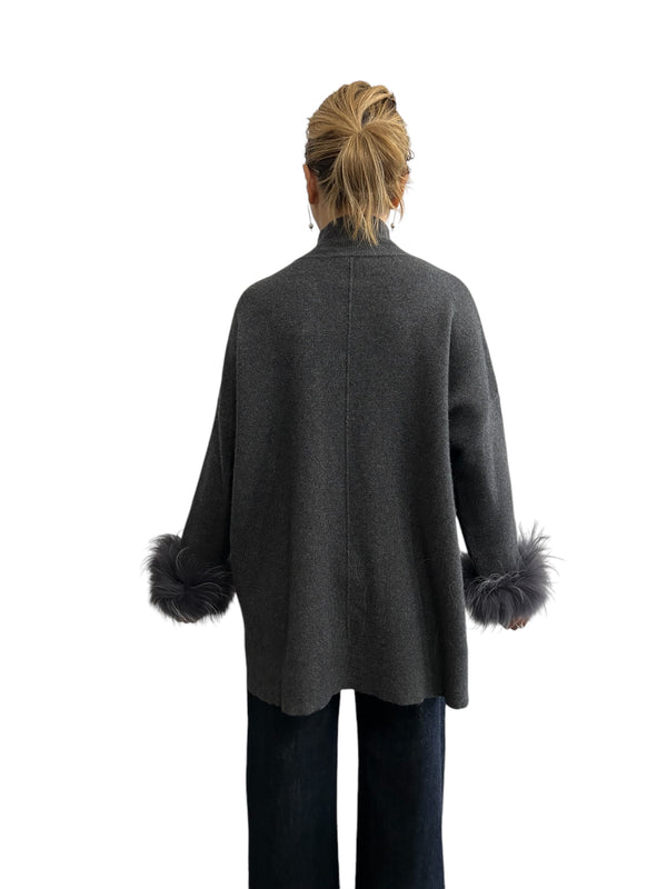 Sweater Long Neck Fur Finish Anthracite