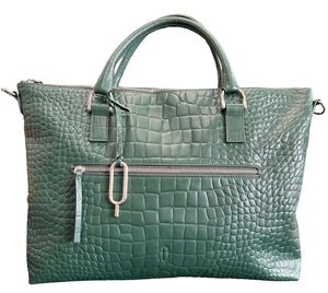 Green Dany Slim Computer Bag Embossed Leather top handles & detachable strap