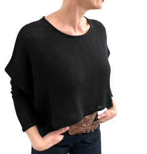 Asymmetrical Knit Sweater Round Neck Black long sleeves