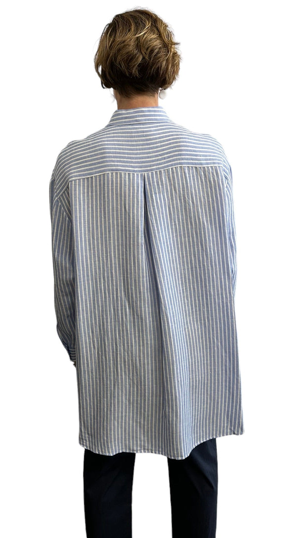 Pleated back Long Shirt/Dress Button down Stripes Azzurro & White