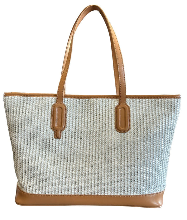 Tan Edy Shopper Tote Leather & Raffia two long straps zip top closure