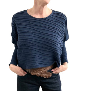 Navy Cotton Sweater Round Neck Asymmetrical For Women
