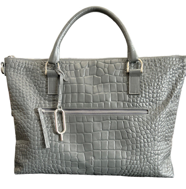 Grey Dany Slim Computer Bag Embossed Leather top handles & detachable strap