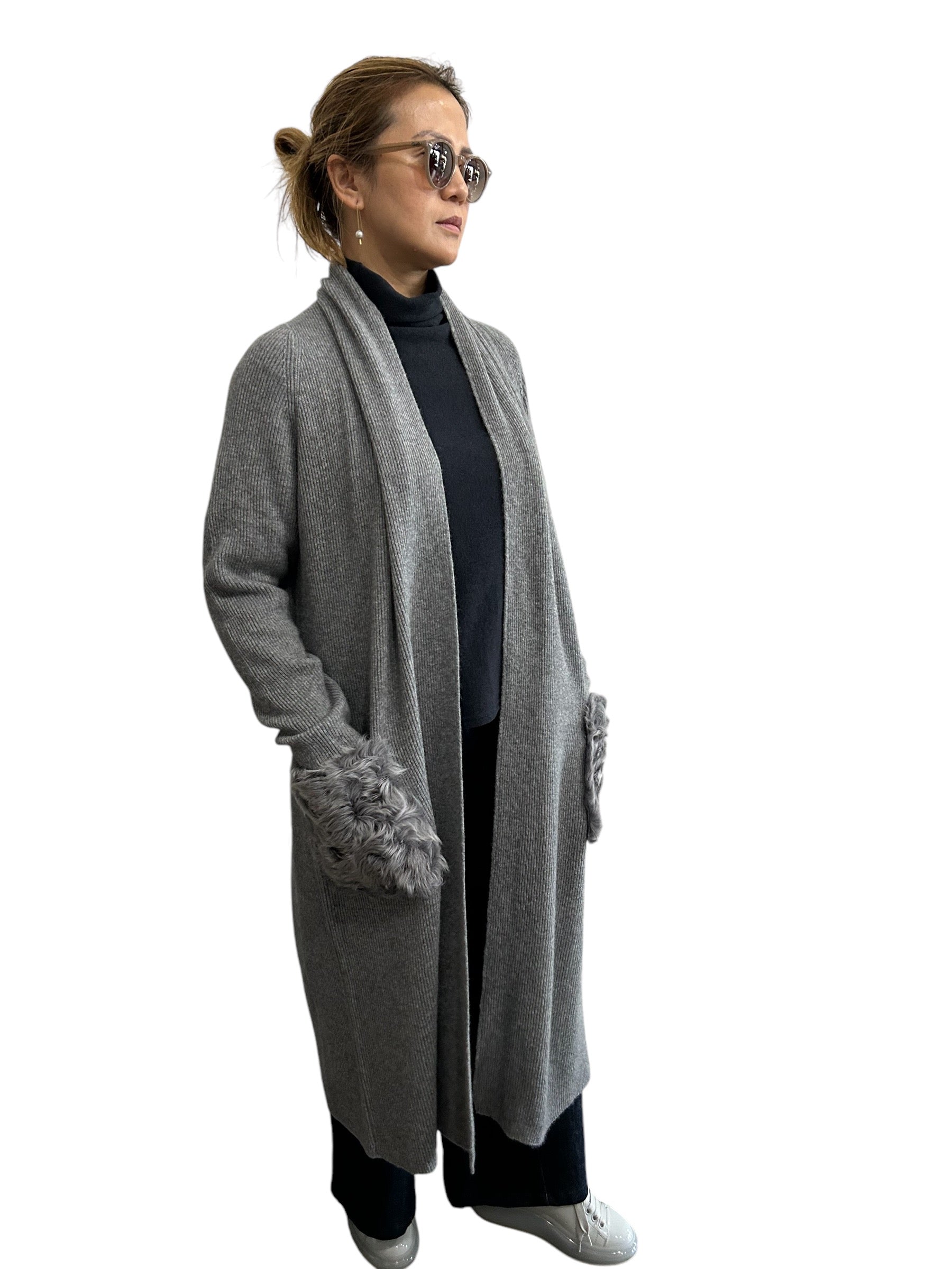 Long Belted Cardigan with Shearling