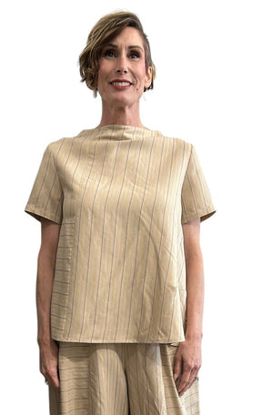 Short sleeves stripe blouse beige/blue comfortable cut.