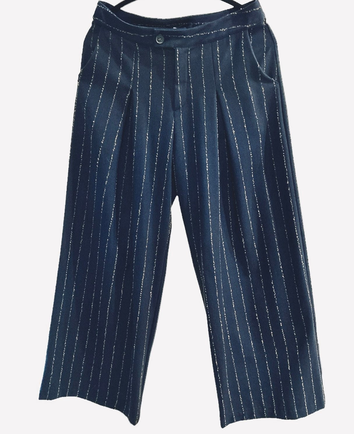 Bell Trousers Navy/Okra - Pinstripe material Navy & Okra