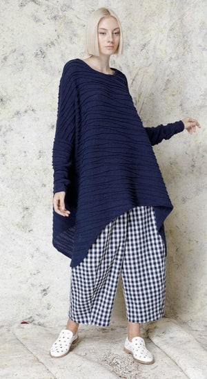 Long asymmetric cotton sweater navy long sleeves