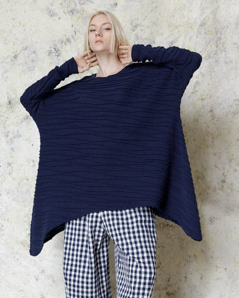 Long asymmetric cotton sweater navy long sleeves