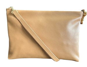 Tan Oriette Slim Zip Pouch Bag Pavel Calf leather detachable Strap 