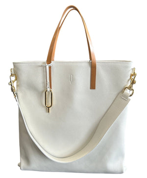 White-Tan Odette Vertical Tote Bag detachable strap metal hardware two handles