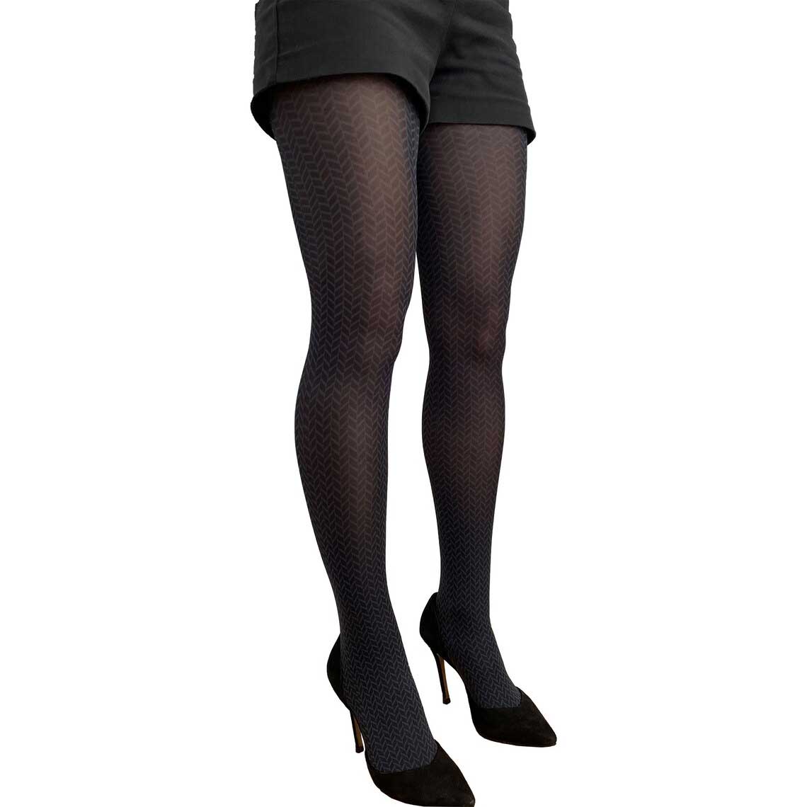 Black Gray Herringbone Printed Tights for Women Malka Chic