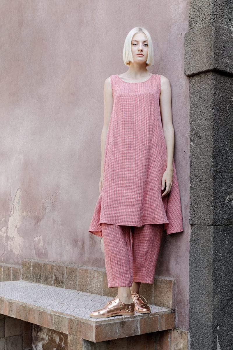 Flare Sleeveless Linen Dress Red/Cream Checked