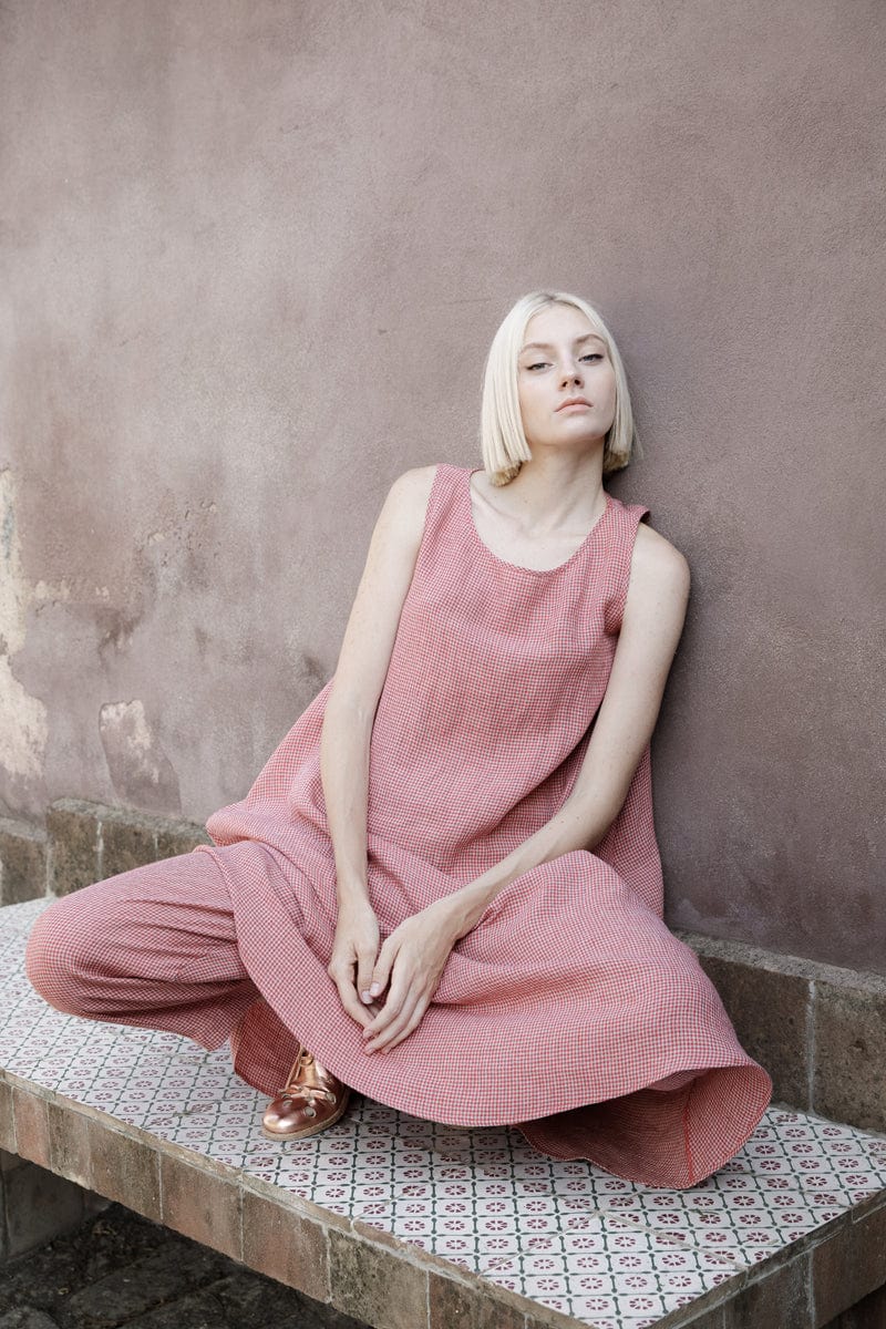 Round neck cut and Flare Sleeveless Linen Dress Red/Cream Checked