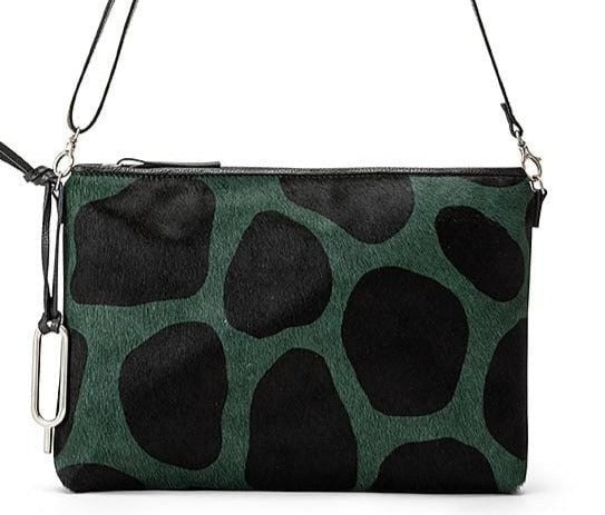 Green/Black Olga Cavallino - Zip pouch bag with adjustable leather strap Giraffe Print