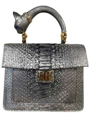 silver cat metal handle bag python leather