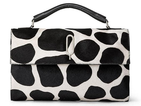 Black & White Zoe Satchel Giraffe Print top hard handle detachable strap 