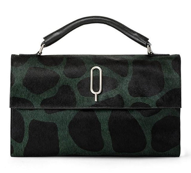 Black & Green Zoe Satchel Giraffe Print top hard handle detachable strap 